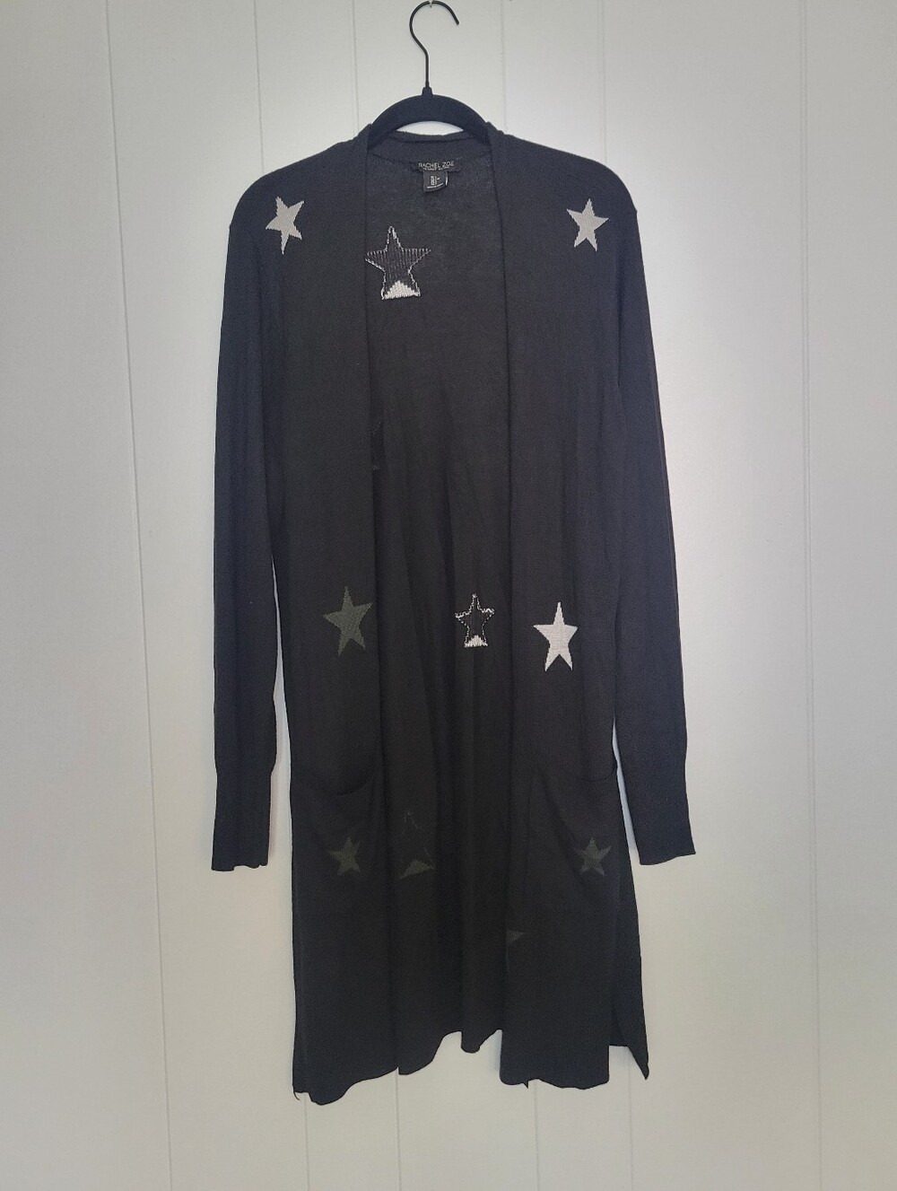 Rachel Zoe Star Print Long Cardigan Sweater Open Front Rayon Nylon Wool Black L